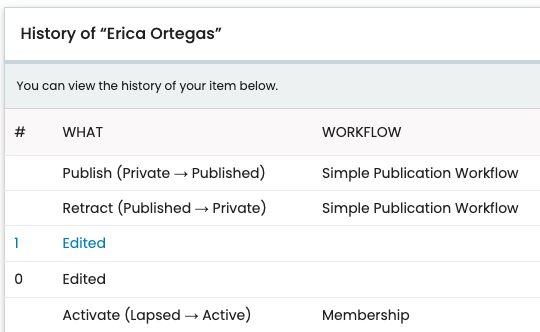 The history table, with a Workflow column naming Simple Publication Workflow on some rows and Membership on others