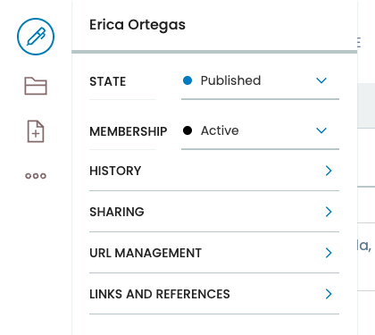 The Volto toolbar menu, showing a State row reading Published and a Membership row reading Active