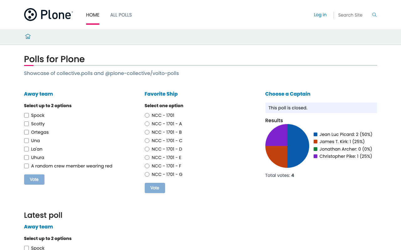 A page with three Poll blocks in a grid: a multiple choice poll, a single choice poll, and a closed poll showing its results as a pie chart