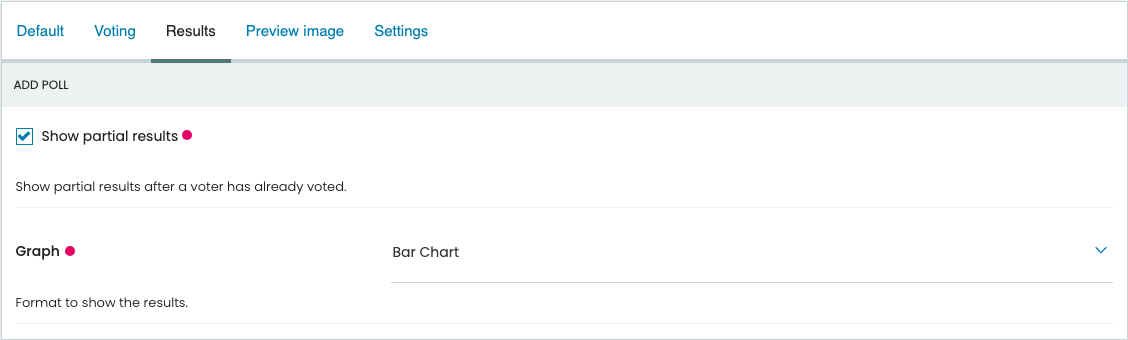 The Results tab of the form that adds a poll: Show partial results, and Graph