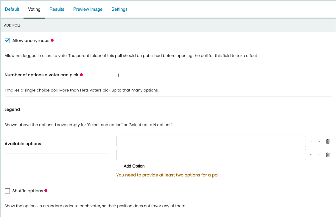 The Voting tab of the form that adds a poll, with the options widget