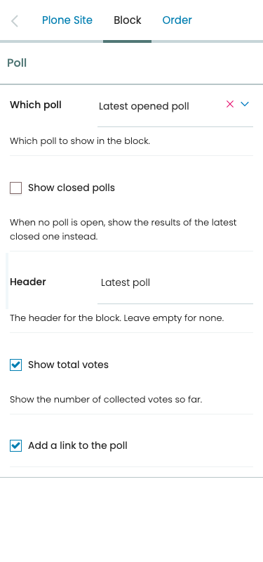The settings of a Poll block in the sidebar: Which poll, Show closed polls, Header, Show total votes, and Add a link to the poll