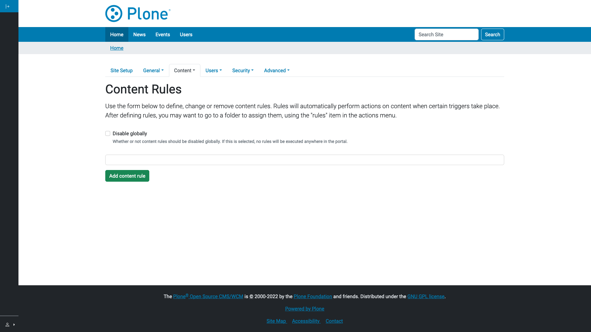 The Content Rules control panel in Classic UI