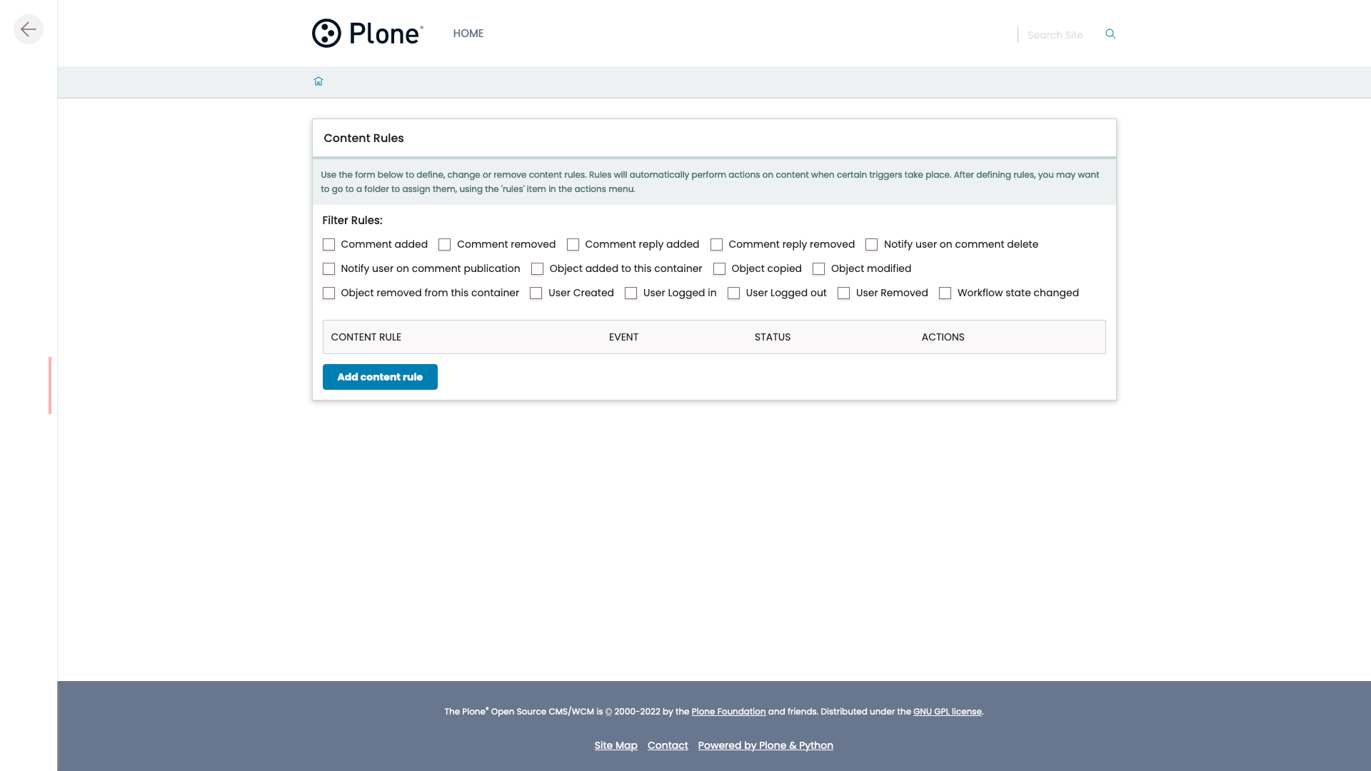 The Content Rules control panel in Volto