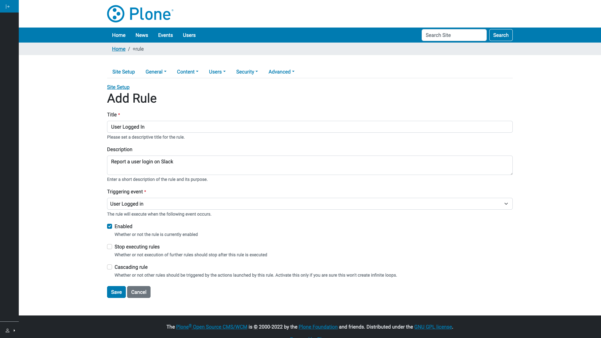 The form to add a content rule, with the User Logged in event selected