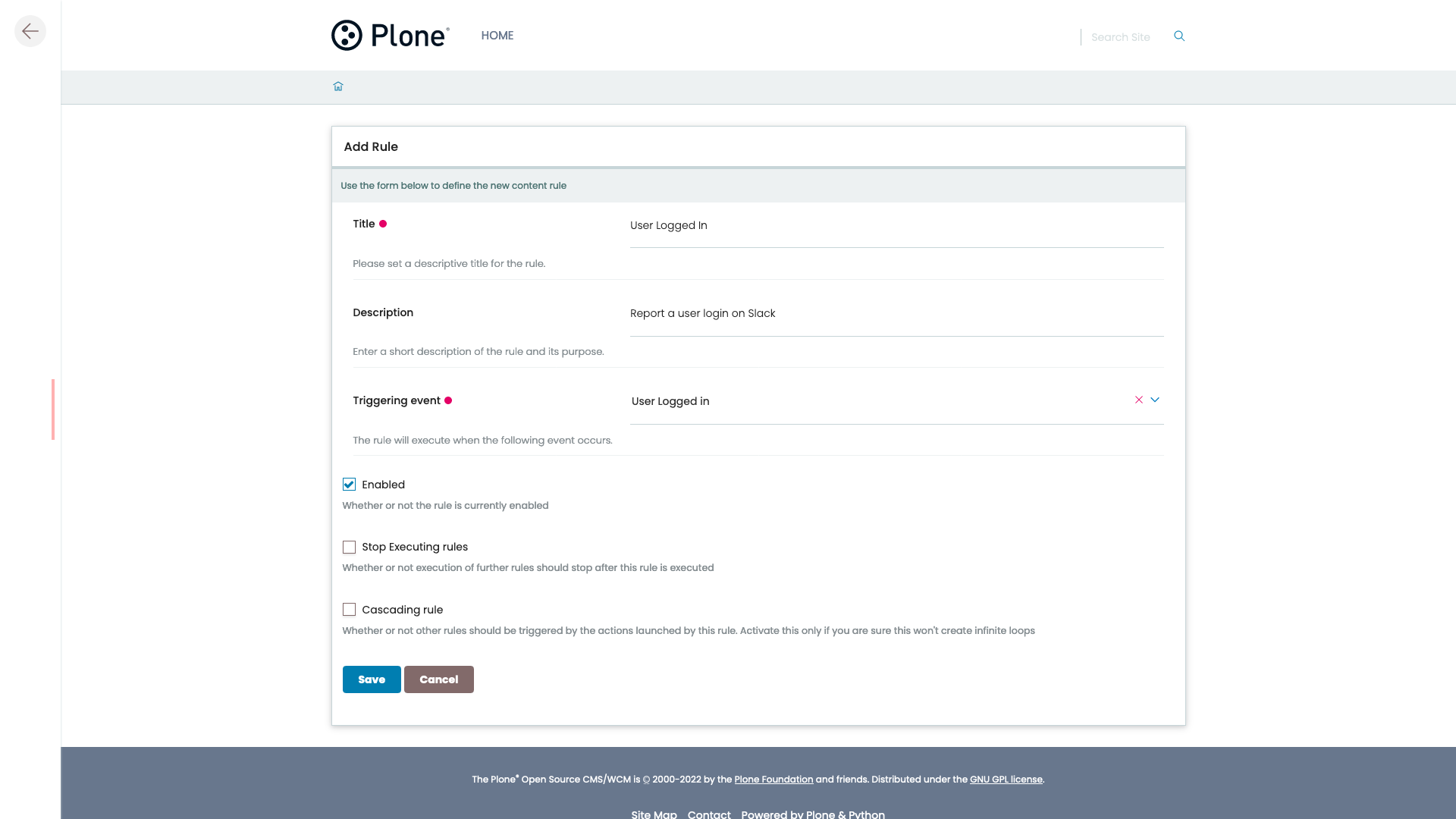The form to add a content rule, with the User Logged in event selected