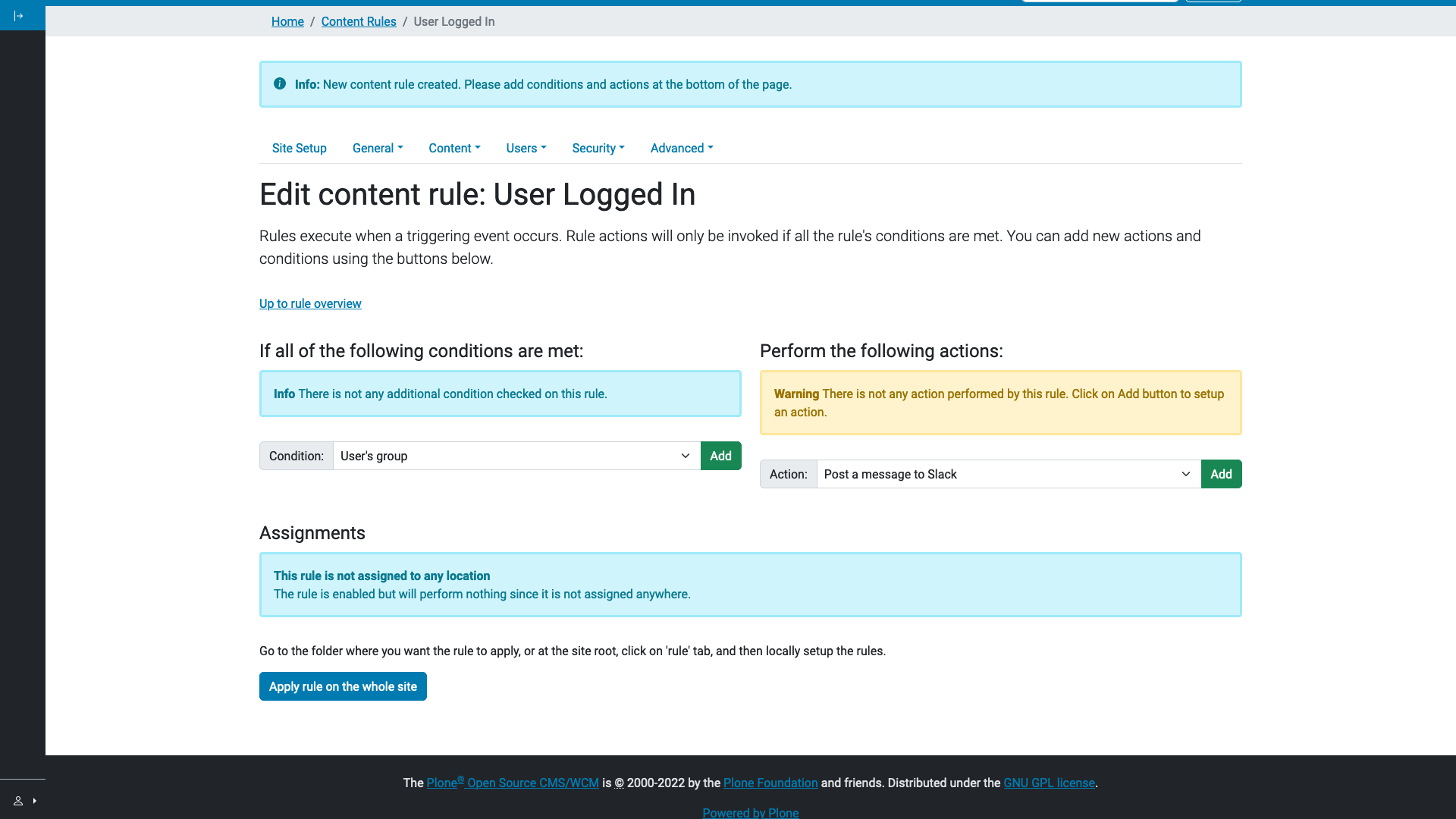 The page of the content rule, with the list of actions