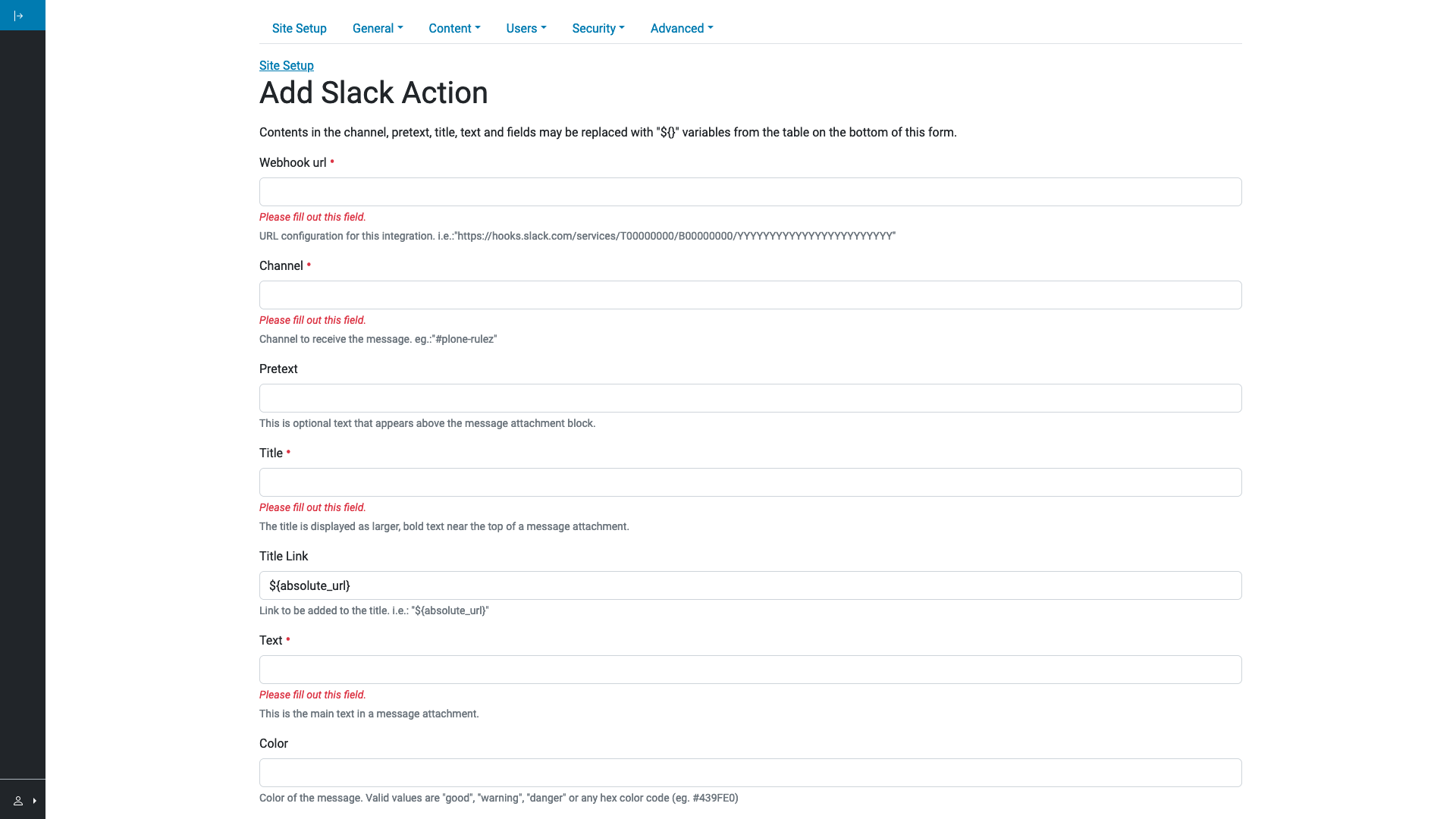 The empty form to add a Slack action