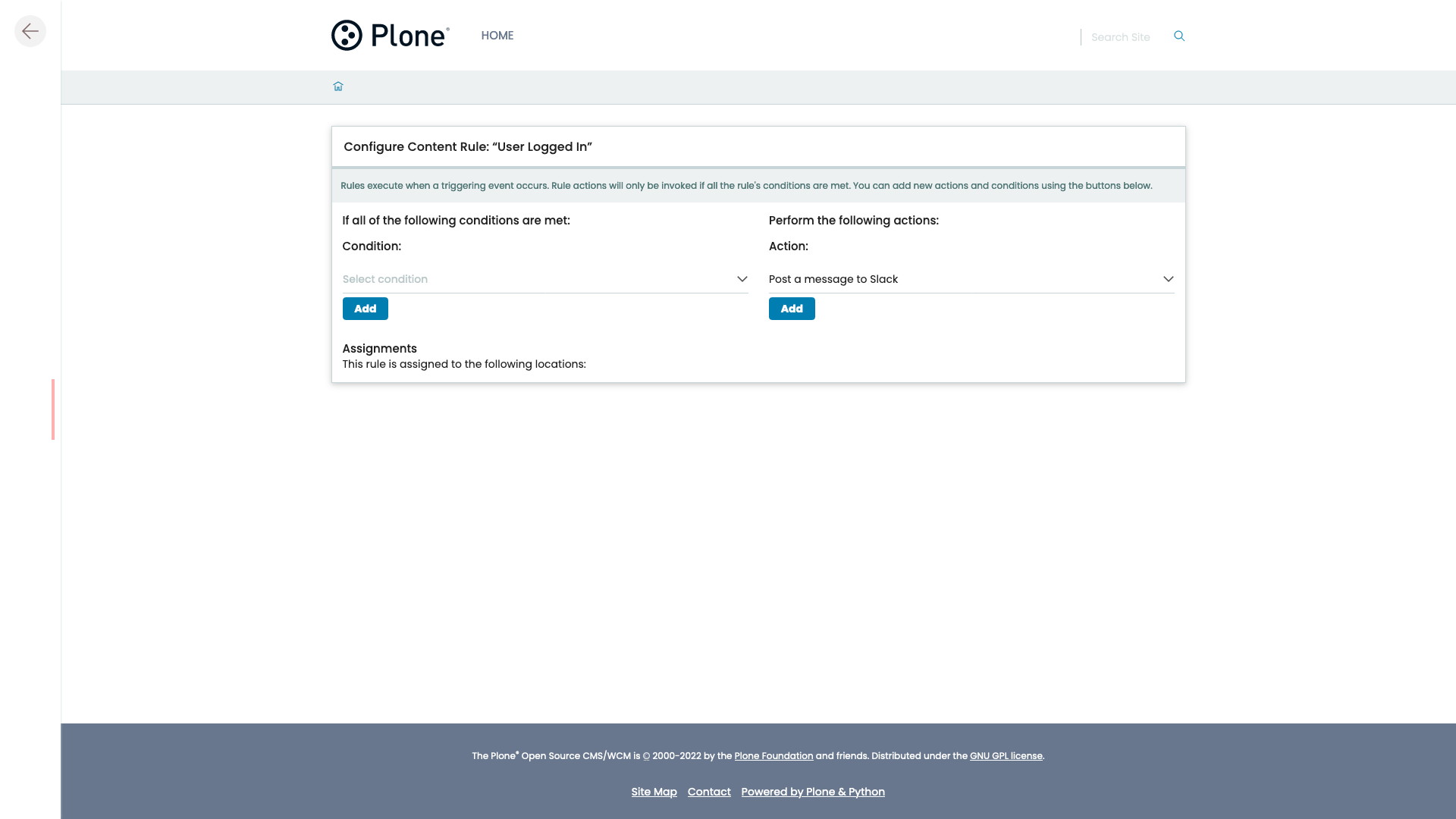 The page to configure the content rule, with Post a message to Slack selected