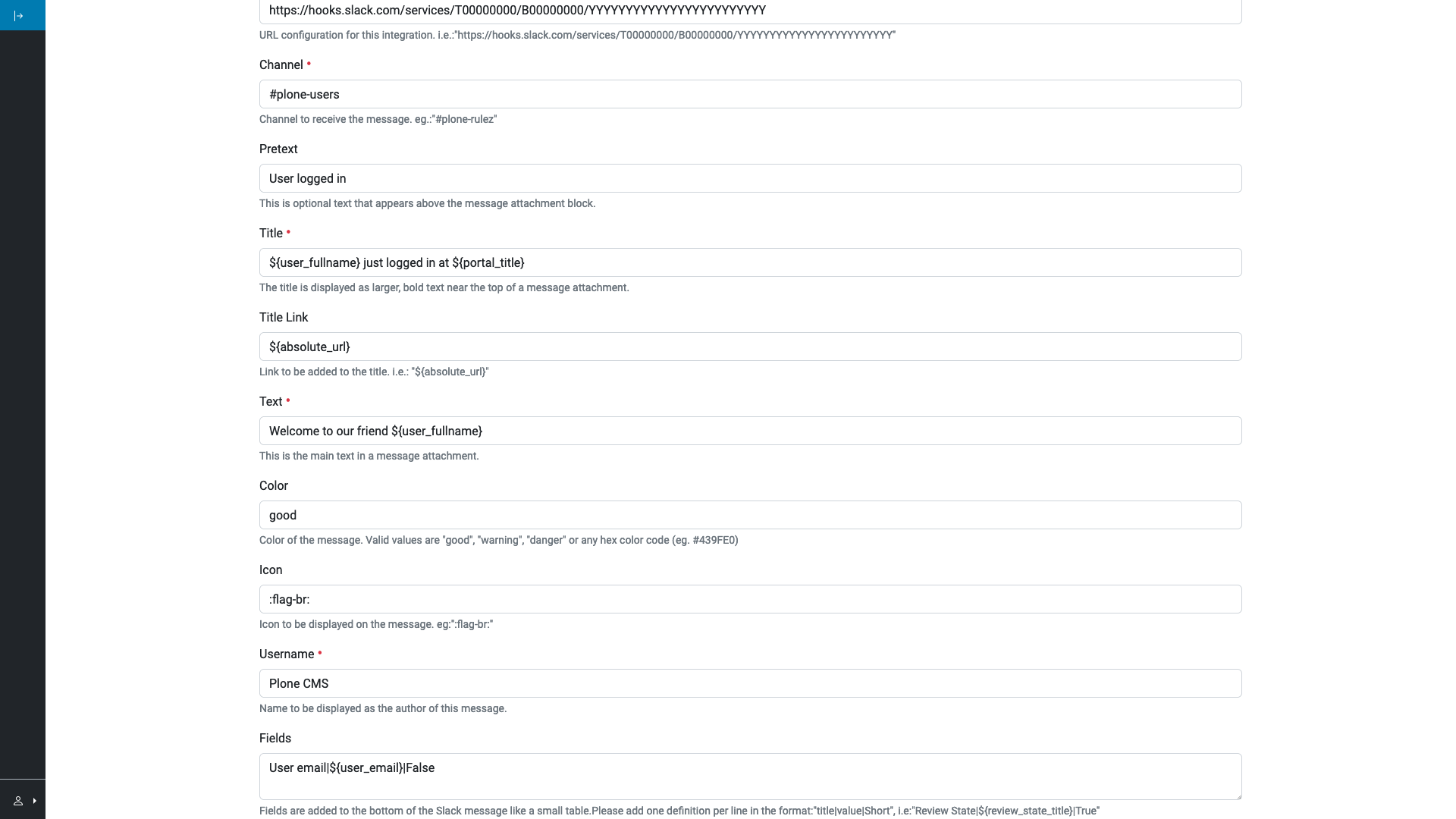 The Slack action form, filled in with variables such as user_fullname and user_email