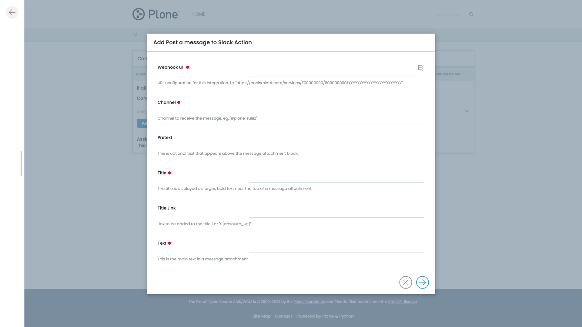 The empty form to add a Slack action