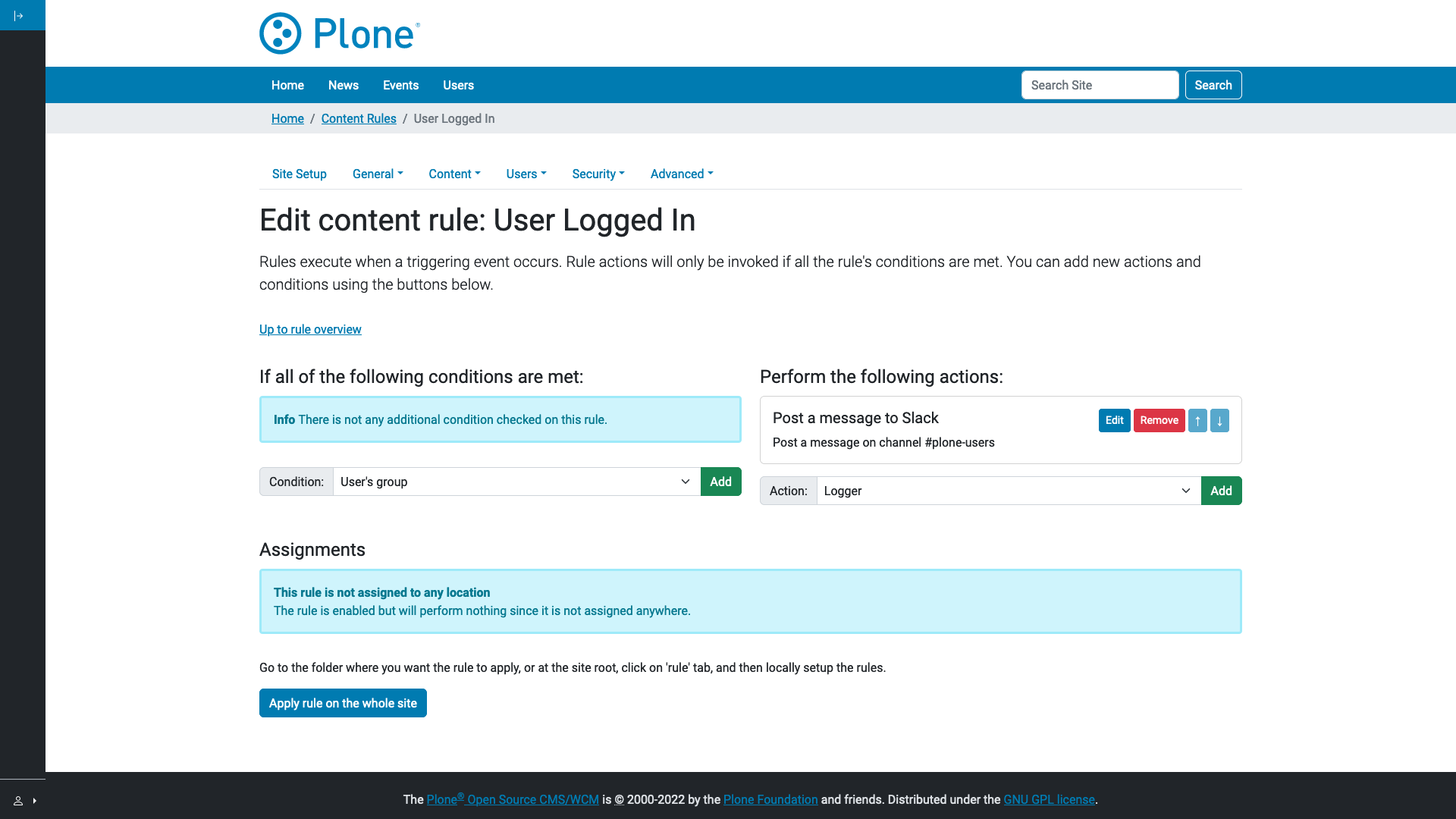 The page of the content rule, with the Slack action and the Apply rule on the whole site button