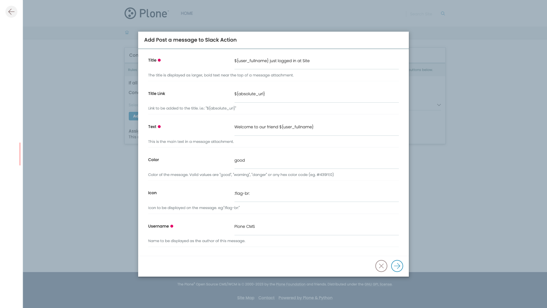 The Slack action form, filled in with the user_fullname variable