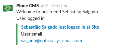 The message posted to Slack after a user logged in