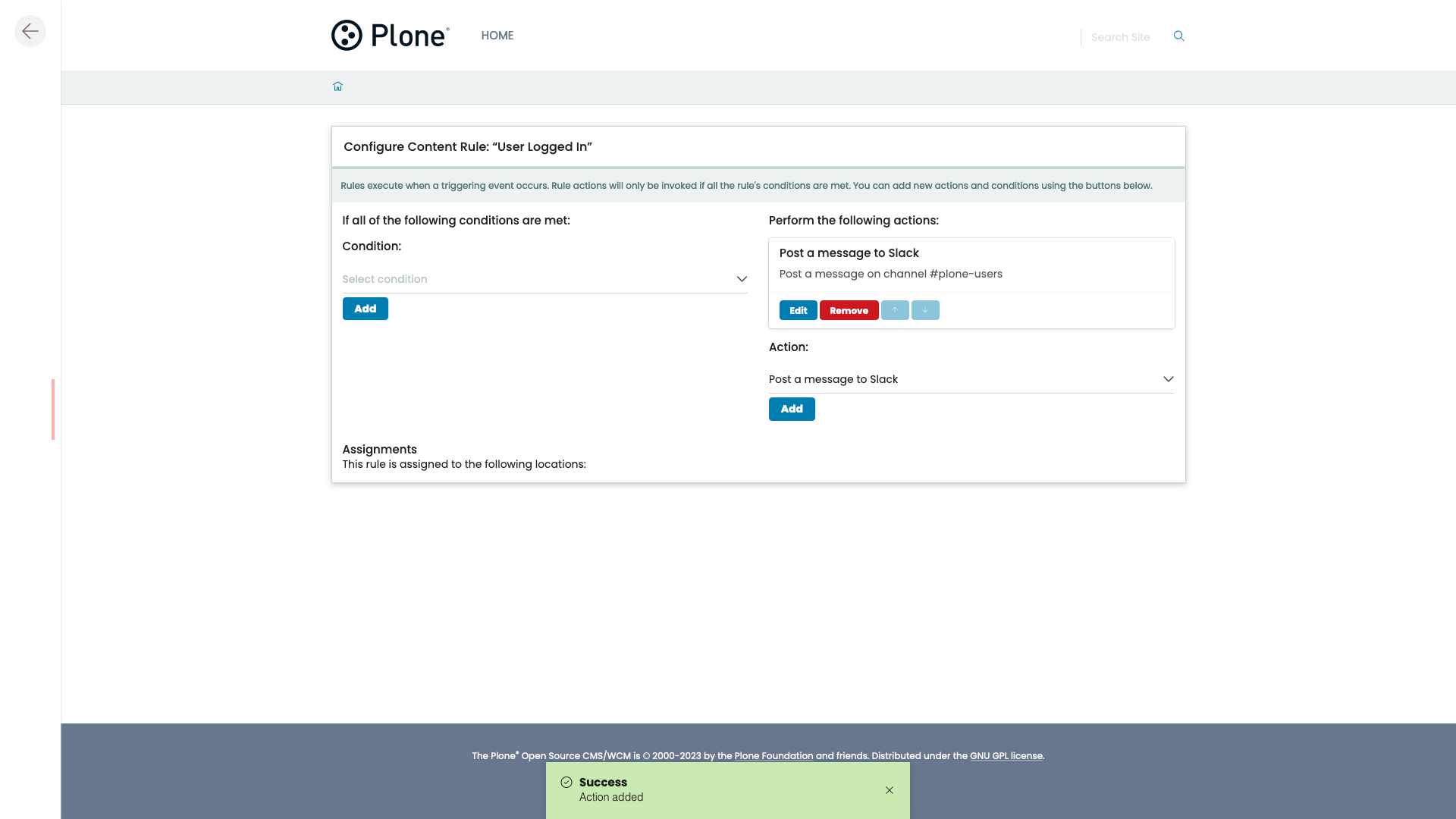 The page to configure the content rule, listing the Slack action