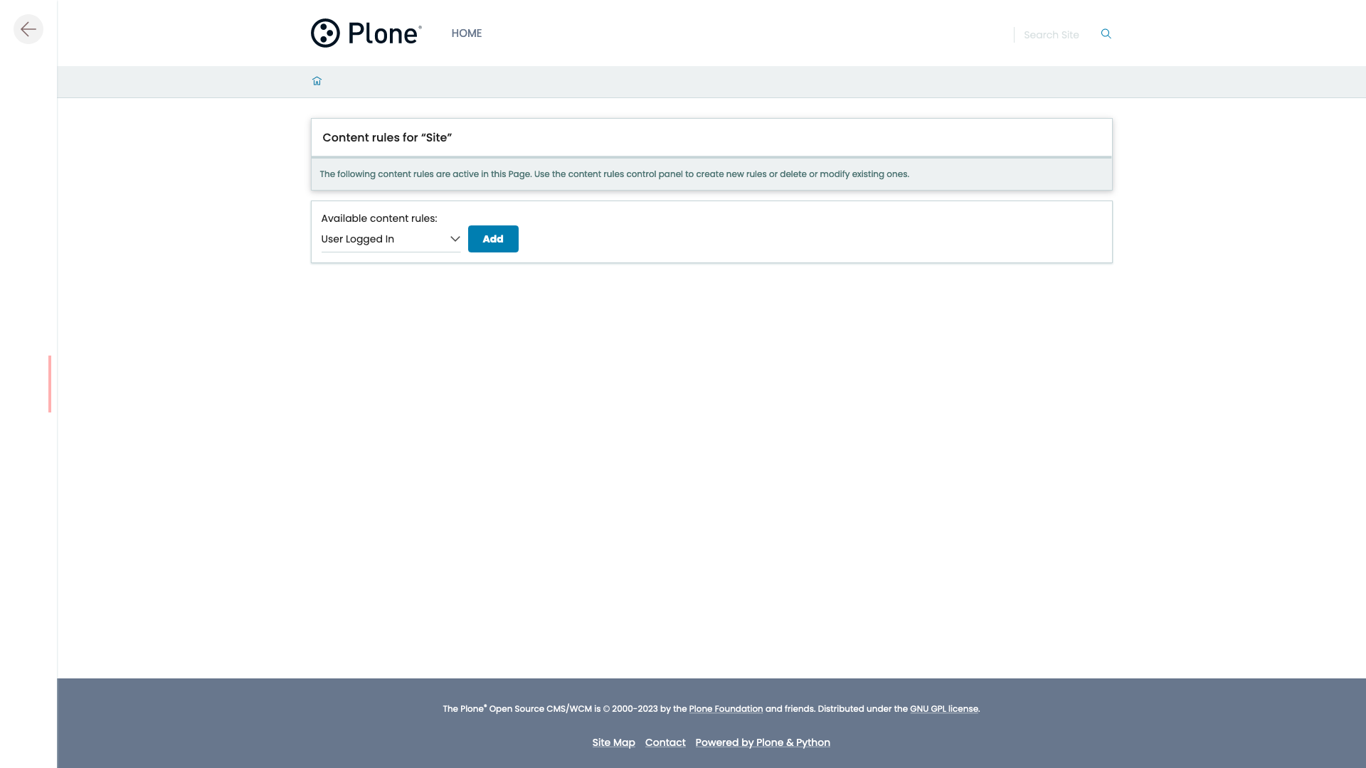 The content rules page of the site root, with the rule selected