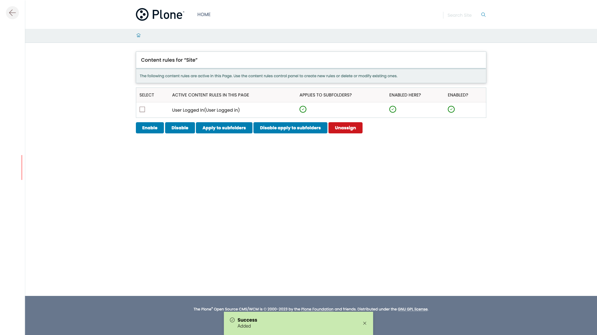 The content rules page of the site root, listing the assigned rule