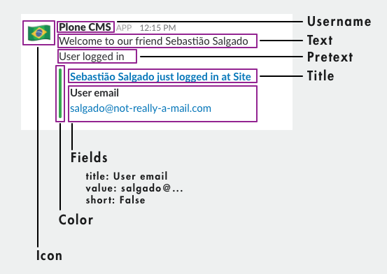 A Slack message, with each part labeled with the action field that produced it