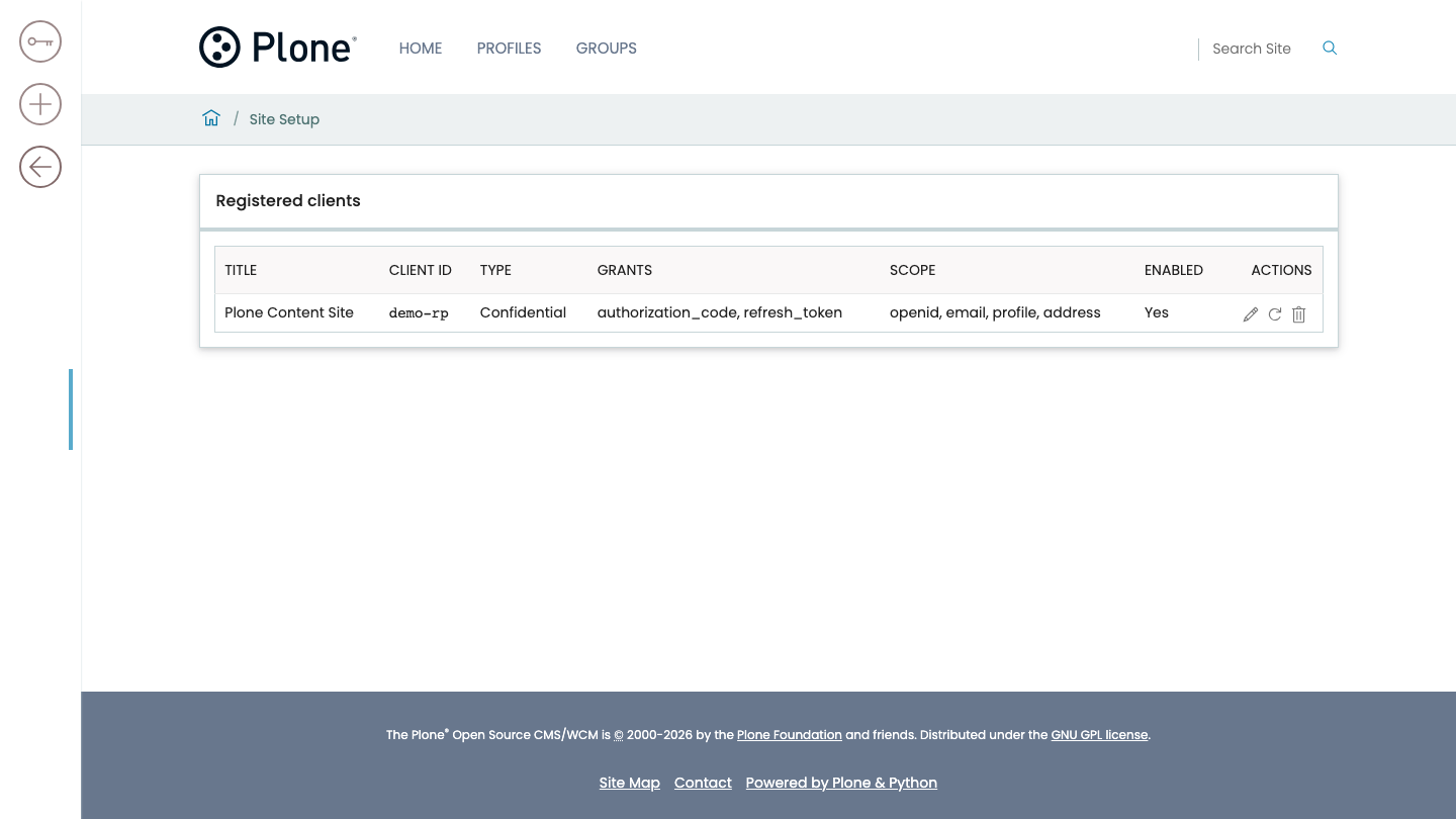 The Identity clients control panel, listing the registered OAuth clients