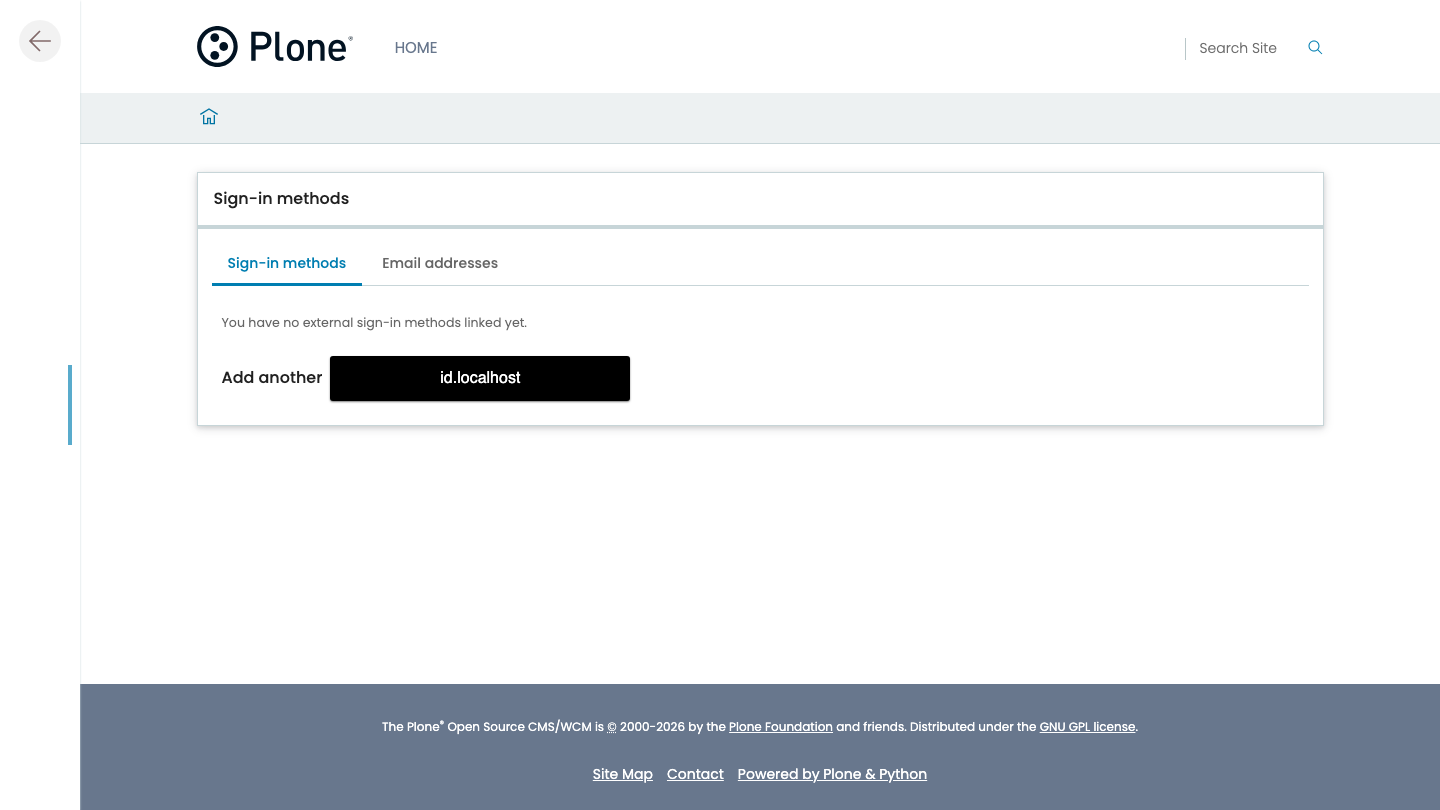 The sign-in methods page, listing one federated identity and the provider it came from