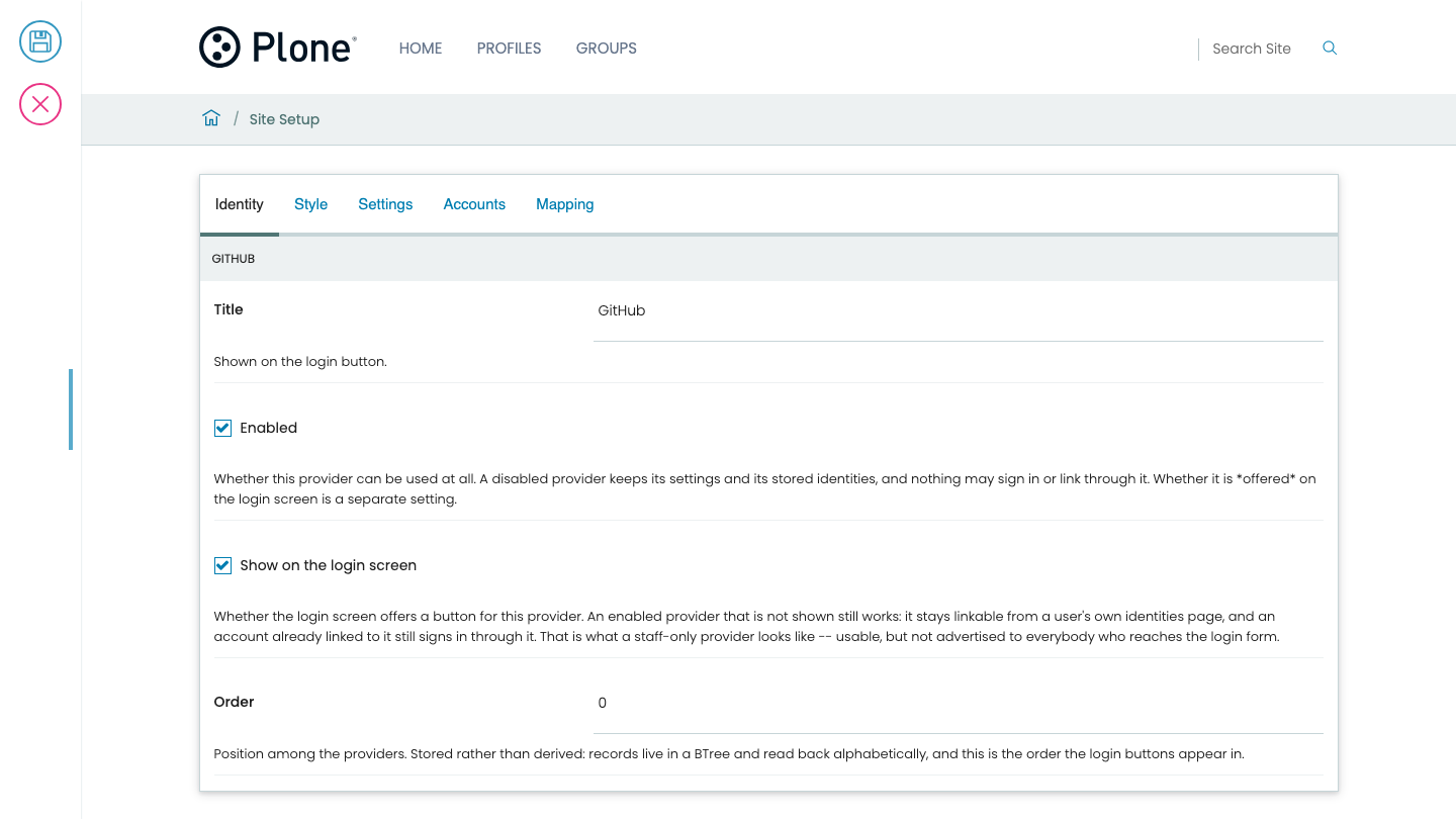 A provider's edit form, showing the Identity, Style, Settings, Accounts and Mapping tabs