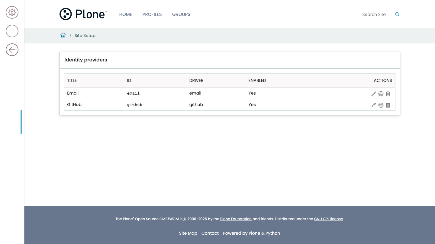 The Identity providers control panel, listing the configured providers